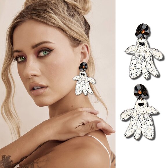 Modcloth Jewelry - Here For The Boos Sparkle Seed Beaded Pearl Ghost Halloween Statement Earrings
